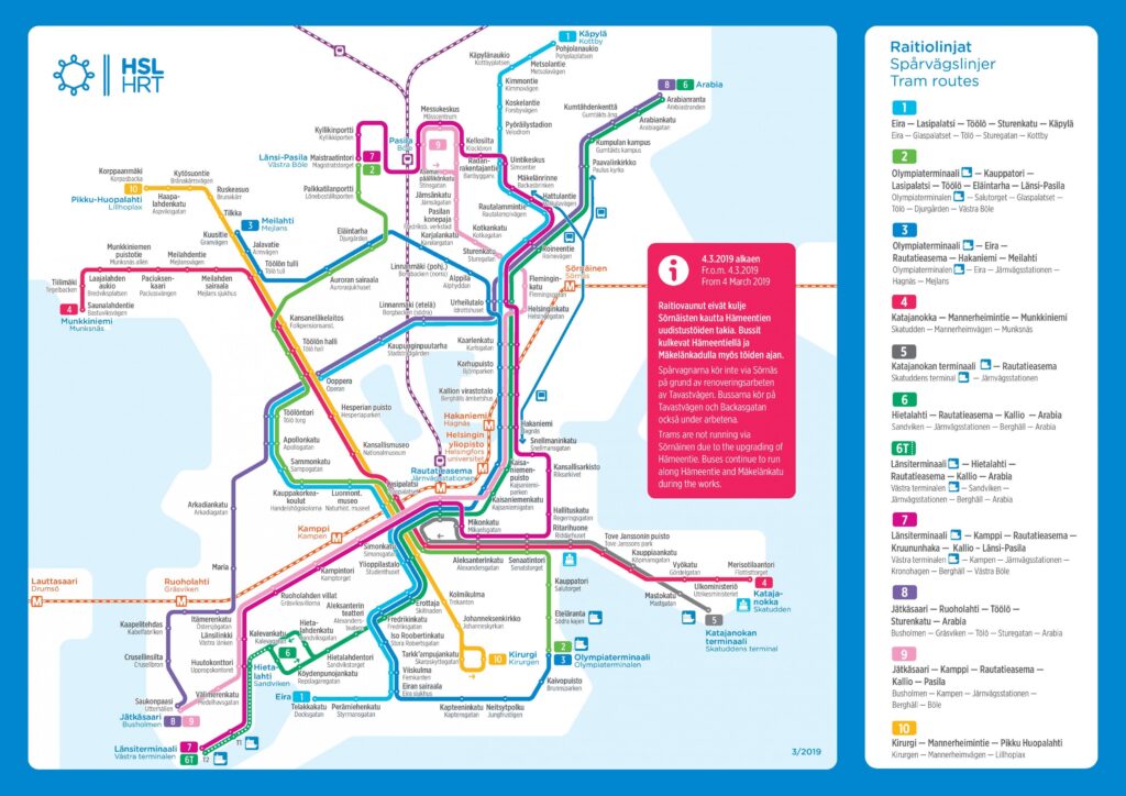 Mapa de los Tranvías de Helsinki