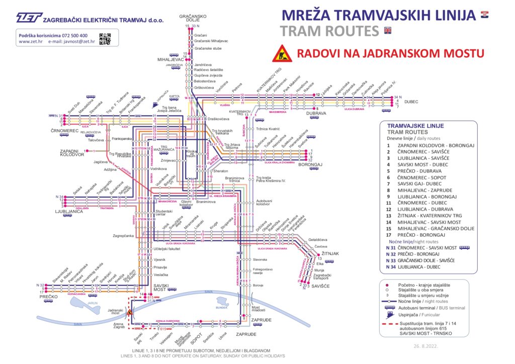 Plano de los Tranvías diurnos de Zagreb