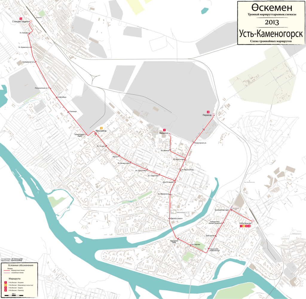 Mapa de los tranvías de Öskemen