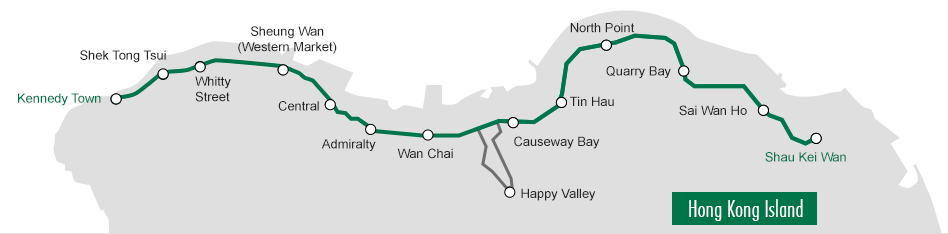 Mapa de las líneas de tranvía de Hong Kong