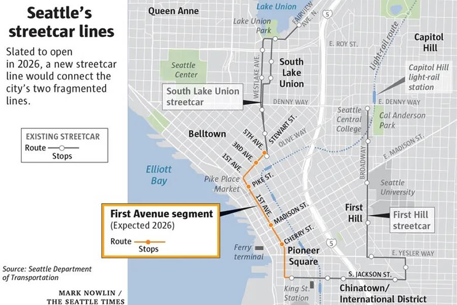 Mapa de los tranvías de Seattle